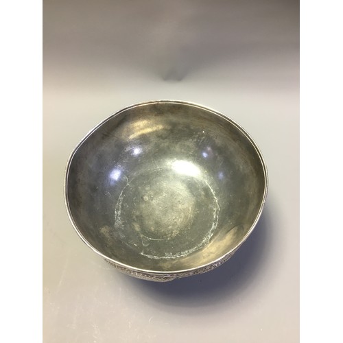 113 - Large and Heavy Oriental Silver plated Antimony and Lead Alloy Punch Bowl Profusely Decorated with W... 