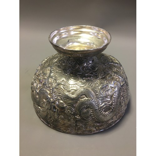 113 - Large and Heavy Oriental Silver plated Antimony and Lead Alloy Punch Bowl Profusely Decorated with W... 