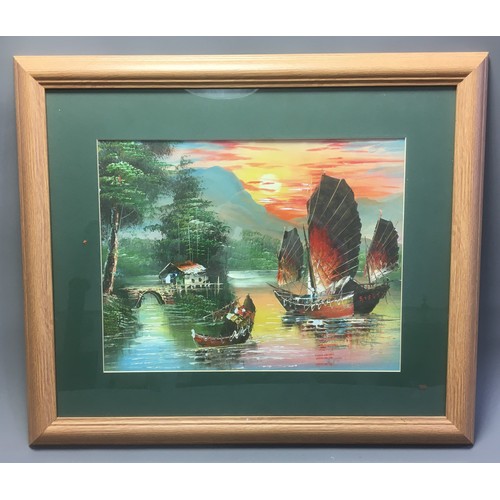 114 - 20th Century Chinese Hong Kong School Vibrant Oil on Canvas of Junks in the Sunset. Appears unsigned... 