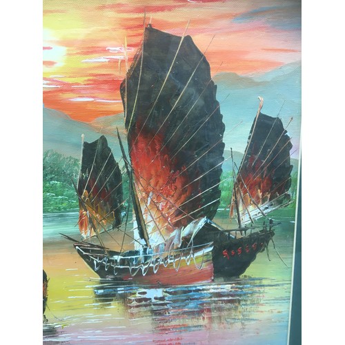 114 - 20th Century Chinese Hong Kong School Vibrant Oil on Canvas of Junks in the Sunset. Appears unsigned... 