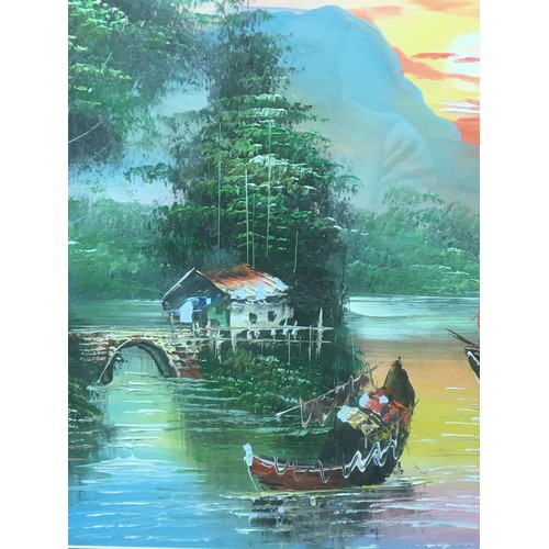 114 - 20th Century Chinese Hong Kong School Vibrant Oil on Canvas of Junks in the Sunset. Appears unsigned... 