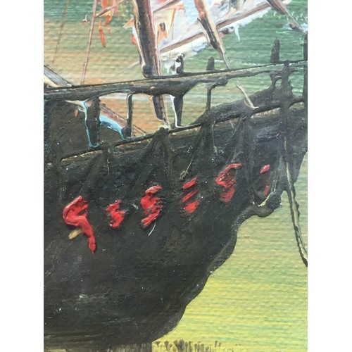 114 - 20th Century Chinese Hong Kong School Vibrant Oil on Canvas of Junks in the Sunset. Appears unsigned... 