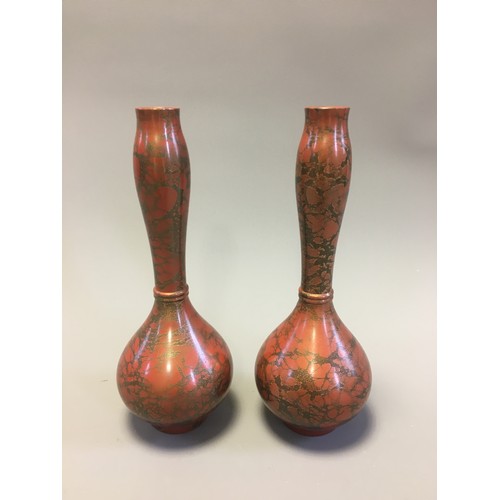 102 - Japanese Pair of Murashido Red and Gold Patina Taisho Period 20th Century Bronze Vases.H 22cm