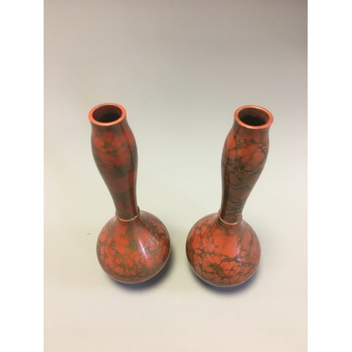 102 - Japanese Pair of Murashido Red and Gold Patina Taisho Period 20th Century Bronze Vases.H 22cm