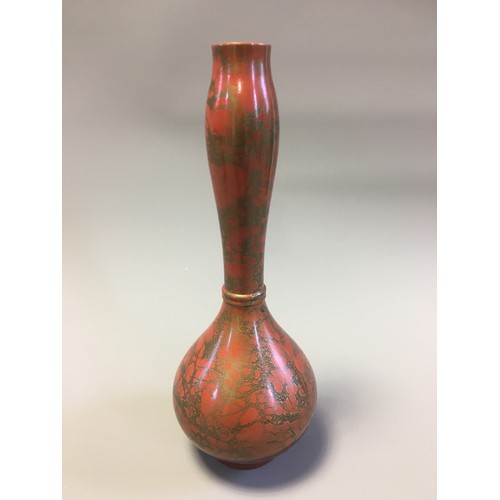 102 - Japanese Pair of Murashido Red and Gold Patina Taisho Period 20th Century Bronze Vases.H 22cm