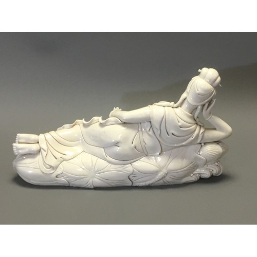 81 - Chinese -Very Fine Large Dehua Porcelain Figure of a Recumbant Sleeping Guanyin artist Marks to the ... 