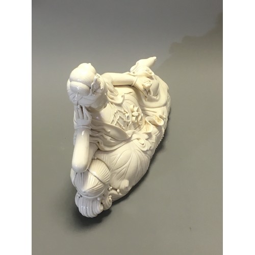 81 - Chinese -Very Fine Large Dehua Porcelain Figure of a Recumbant Sleeping Guanyin artist Marks to the ... 