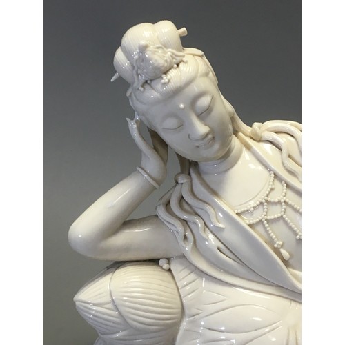 81 - Chinese -Very Fine Large Dehua Porcelain Figure of a Recumbant Sleeping Guanyin artist Marks to the ... 