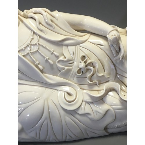 81 - Chinese -Very Fine Large Dehua Porcelain Figure of a Recumbant Sleeping Guanyin artist Marks to the ... 