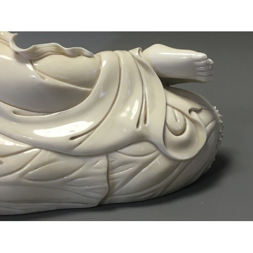 81 - Chinese -Very Fine Large Dehua Porcelain Figure of a Recumbant Sleeping Guanyin artist Marks to the ... 