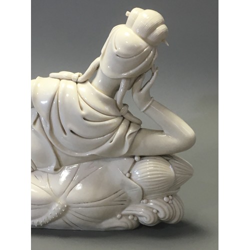 81 - Chinese -Very Fine Large Dehua Porcelain Figure of a Recumbant Sleeping Guanyin artist Marks to the ... 