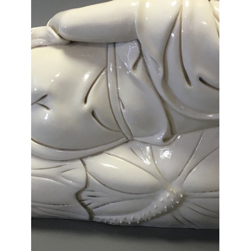 81 - Chinese -Very Fine Large Dehua Porcelain Figure of a Recumbant Sleeping Guanyin artist Marks to the ... 