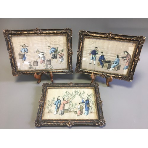117 - Early 19th Century Chinese Paintings on Silk x 3 - Depicting Tea Making and Opium Smoking.H 22cm x W... 