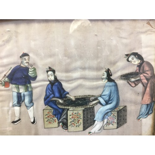 117 - Early 19th Century Chinese Paintings on Silk x 3 - Depicting Tea Making and Opium Smoking.H 22cm x W... 