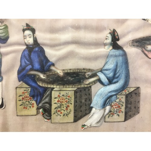 117 - Early 19th Century Chinese Paintings on Silk x 3 - Depicting Tea Making and Opium Smoking.H 22cm x W... 