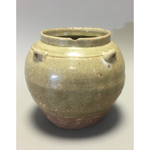 84 - Chinese possibly Western Jin Dynasty Green Glazed Pottery Jar with 4 lug handlesH 12.5cmx 13.5cm Dia... 