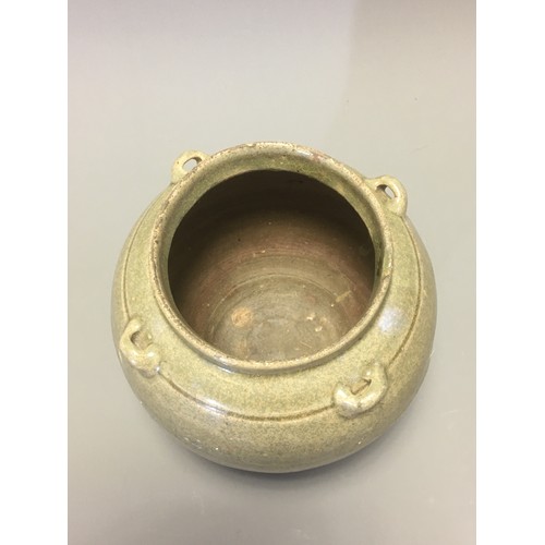 84 - Chinese possibly Western Jin Dynasty Green Glazed Pottery Jar with 4 lug handlesH 12.5cmx 13.5cm Dia... 