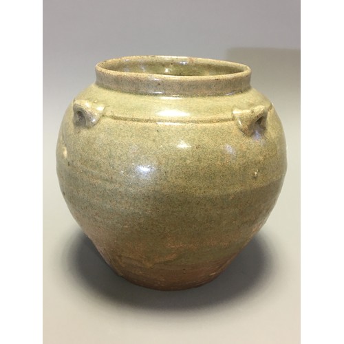 84 - Chinese possibly Western Jin Dynasty Green Glazed Pottery Jar with 4 lug handlesH 12.5cmx 13.5cm Dia... 
