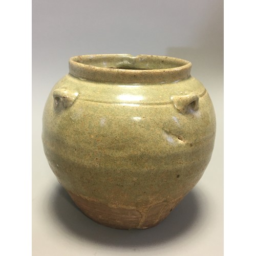 84 - Chinese possibly Western Jin Dynasty Green Glazed Pottery Jar with 4 lug handlesH 12.5cmx 13.5cm Dia... 