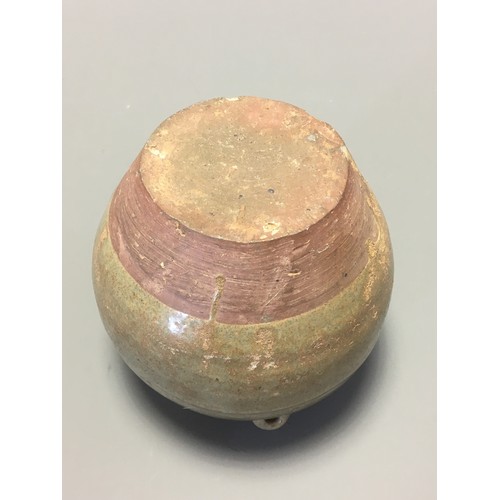 84 - Chinese possibly Western Jin Dynasty Green Glazed Pottery Jar with 4 lug handlesH 12.5cmx 13.5cm Dia... 