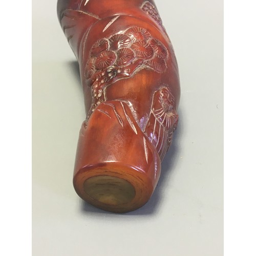 111 - Chinese Carved and Polished Horn Libation Cup. Early 20th Century. Having Carved Figural and Tree De... 