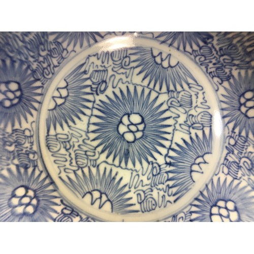 87 - Chinese Antique Blue and White Starburst Pattern Deep dished Plate/Bowl 26.5cm Dia. Blue/White Glaze... 