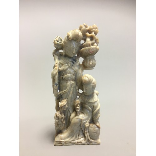 109 - Chinese Carved Soapstone Figural Group of Guayin and Attendant on an unassociated Carved wooden Stan... 