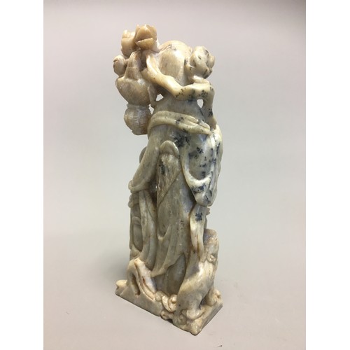 109 - Chinese Carved Soapstone Figural Group of Guayin and Attendant on an unassociated Carved wooden Stan... 