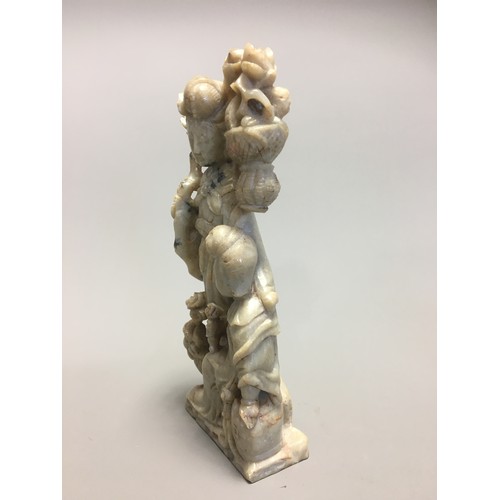 109 - Chinese Carved Soapstone Figural Group of Guayin and Attendant on an unassociated Carved wooden Stan... 