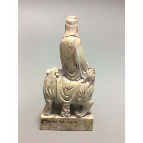 112 - Chinese well carved Soapstone Shi Hou Guanyin, Guanyin atop a Lion.H 18cm