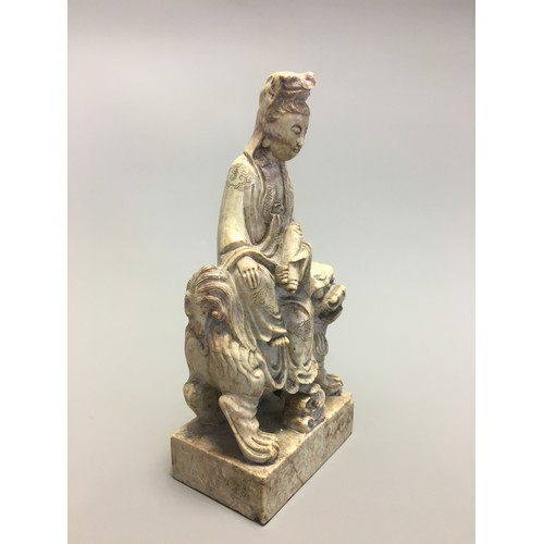 112 - Chinese well carved Soapstone Shi Hou Guanyin, Guanyin atop a Lion.H 18cm