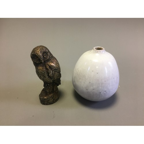 76 - Heavy Silver Plated Owl and a Signed Studio Pottery Vase.