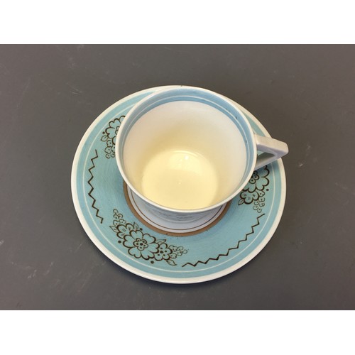 65 - Art Deco - Clarice Cliff for Wilkinson Blue and Floral Decorated Cup and Saucer.