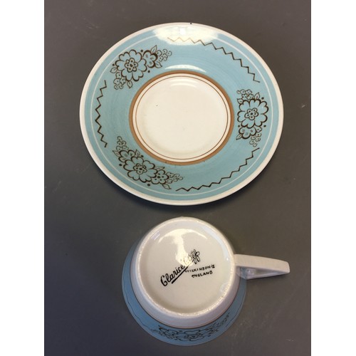 65 - Art Deco - Clarice Cliff for Wilkinson Blue and Floral Decorated Cup and Saucer.
