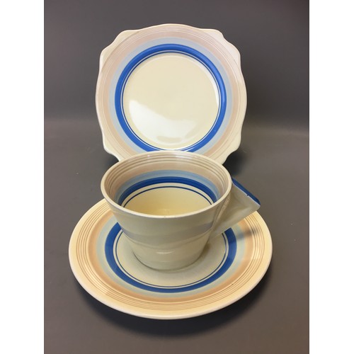 69 - Art Deco Clarice Cliff Bizarre Range Blue Banded Trio - Cup, Saucer and Plate.