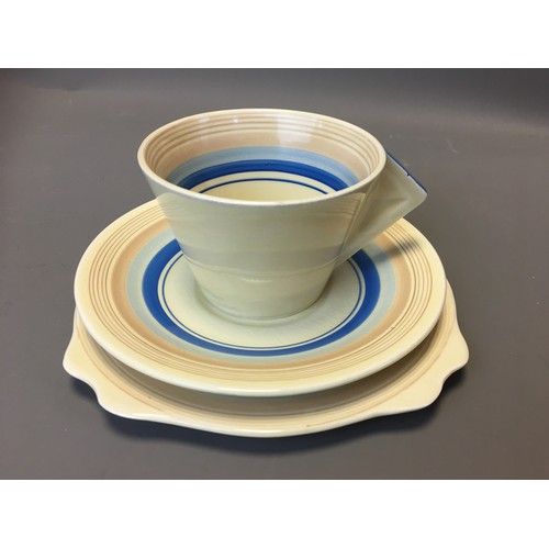 69 - Art Deco Clarice Cliff Bizarre Range Blue Banded Trio - Cup, Saucer and Plate.