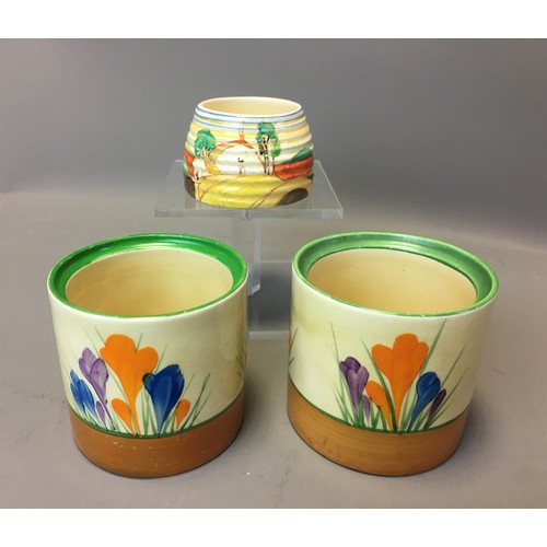 70 - Art Deco Clarice Cliff 3 x Pots (No Lids) 2 x Crocus Pattern on with the Bruce Roger Cottage Pottery... 