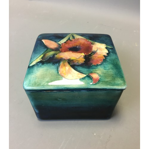 72 - Early Moorcroft Orchid Pattern Lidded Trinket Box of Square Form Signed to the base and the Lid.H 6.... 