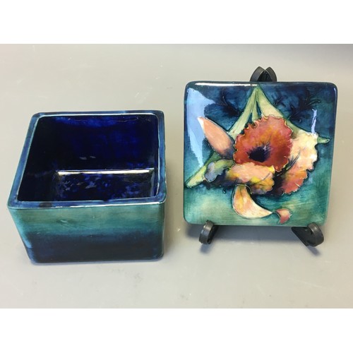 72 - Early Moorcroft Orchid Pattern Lidded Trinket Box of Square Form Signed to the base and the Lid.H 6.... 