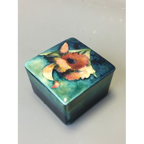 72 - Early Moorcroft Orchid Pattern Lidded Trinket Box of Square Form Signed to the base and the Lid.H 6.... 