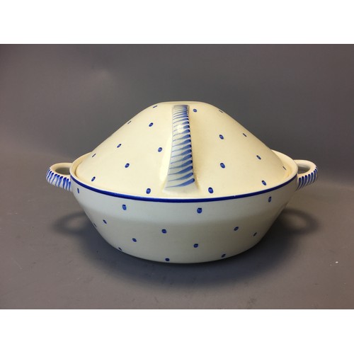 77 - Susie Cooper Crown Works Pottery John Lewis Blue 'Polka Dot' Kestrel Tureen c1935. Marked John Lewis... 