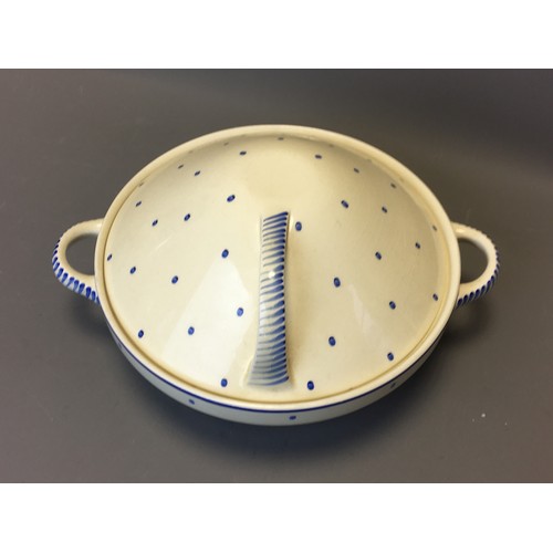 77 - Susie Cooper Crown Works Pottery John Lewis Blue 'Polka Dot' Kestrel Tureen c1935. Marked John Lewis... 