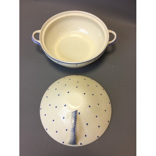 77 - Susie Cooper Crown Works Pottery John Lewis Blue 'Polka Dot' Kestrel Tureen c1935. Marked John Lewis... 