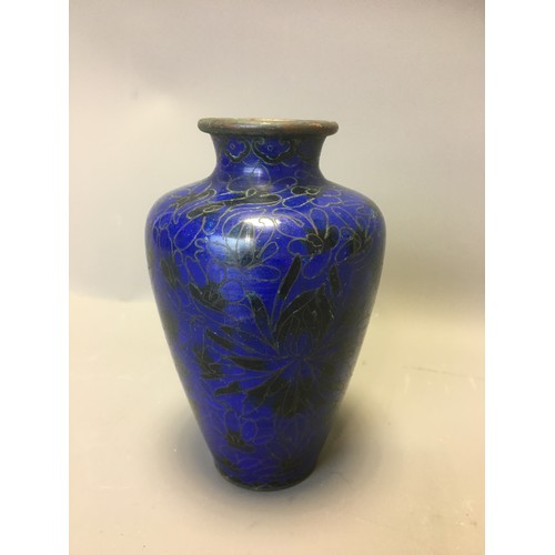 103 - Vintage Cloisonne Chinese Vase Cobalt Blue Flowers Design.H 14.5cm