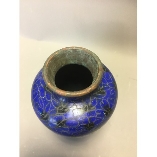 103 - Vintage Cloisonne Chinese Vase Cobalt Blue Flowers Design.H 14.5cm