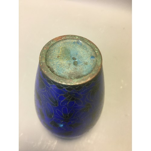 103 - Vintage Cloisonne Chinese Vase Cobalt Blue Flowers Design.H 14.5cm