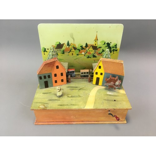 52 - Early 20th Century Hand Crafted Train and Figural Moving Diorama. Mill wheel Turns as does the Lady.