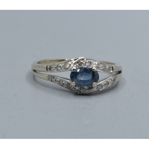 2501 - 9ct gold ladies Sapphire and Diamond split halo design ring hallmarked as Diamond to the ring size M