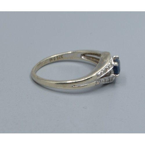 2501 - 9ct gold ladies Sapphire and Diamond split halo design ring hallmarked as Diamond to the ring size M