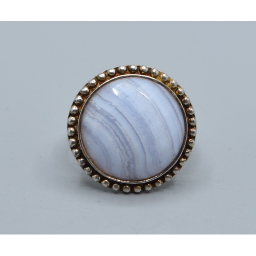 2518 - 925 silver ladies Blue Lace Agate round cabochon facetted statement ring the head being 2.1cm diamet... 
